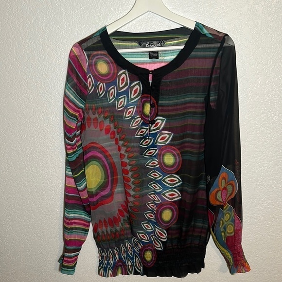 Desigual Mixed Patterned Smocked Sheer Blouse Size Small - Picture 1 of 10
